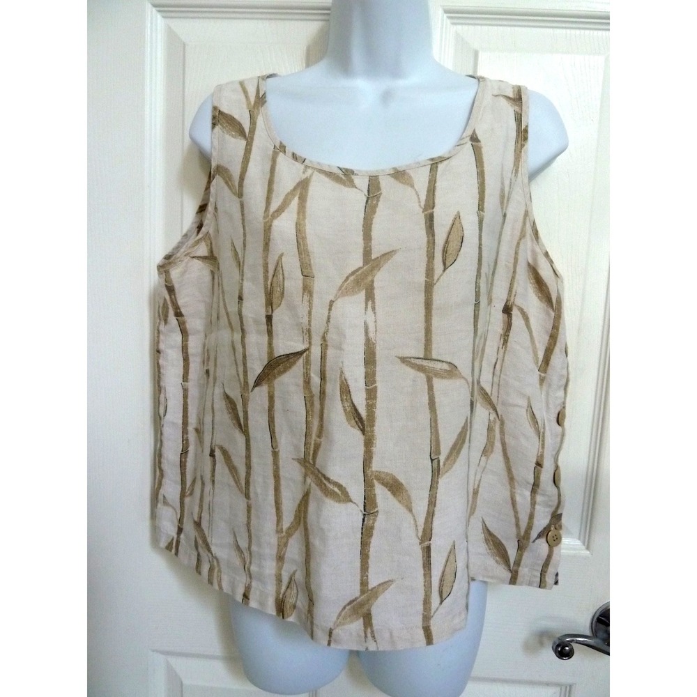 LIZ CLAIBORNE Sz Large Linen Pullover Top Cropped Bamboo Design Safari Boxy